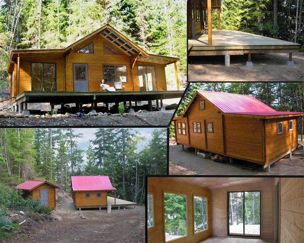 Mulitple pictures of the Madrona cabin kit with two additions made by bavariancottages.com on Hardy Island BC, Canada